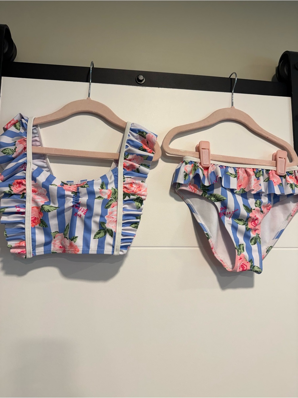 Betsey Johnson Blue & White Stripe Floral Ruffle Bikini Set Girls Size 8
